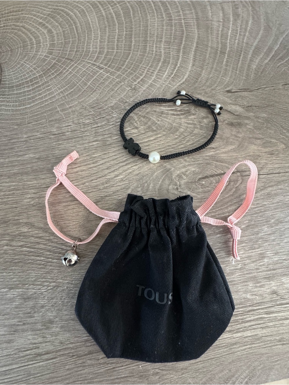 Tous Black Cord Bracelet with Pearl Accent and Pink Ribbon Pouch